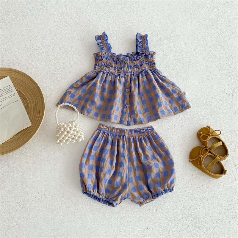 ins 夏新作 ベビー服 女の子 セットアップ チェック柄 キャミソール ハーフパンツ 可愛い 子供服