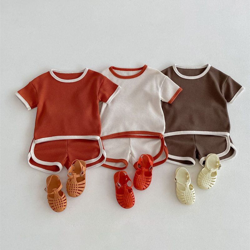 ins 夏新作　ベビー服　ワッフル　カジュアル　無地　2点セット　Tシャツ　ハーフパンツ　子供服　可愛い
