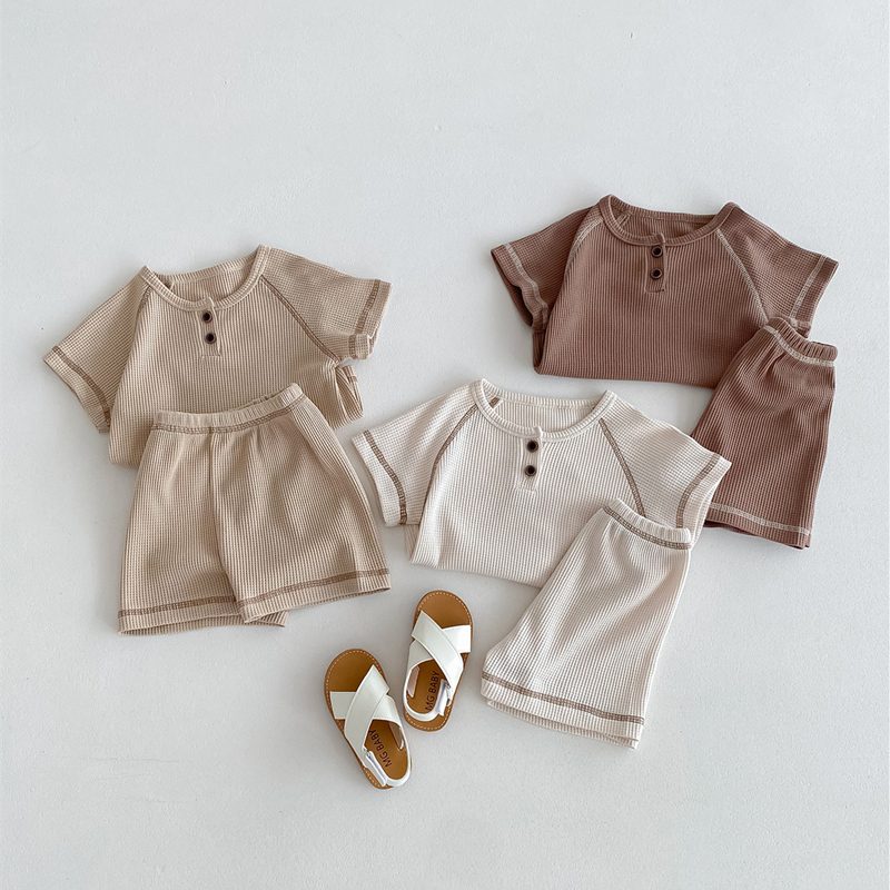 ins 夏新作　ベビー服　ワッフル　カジュアル　無地　2点セット　Tシャツ　ハーフパンツ　子供服　可愛い