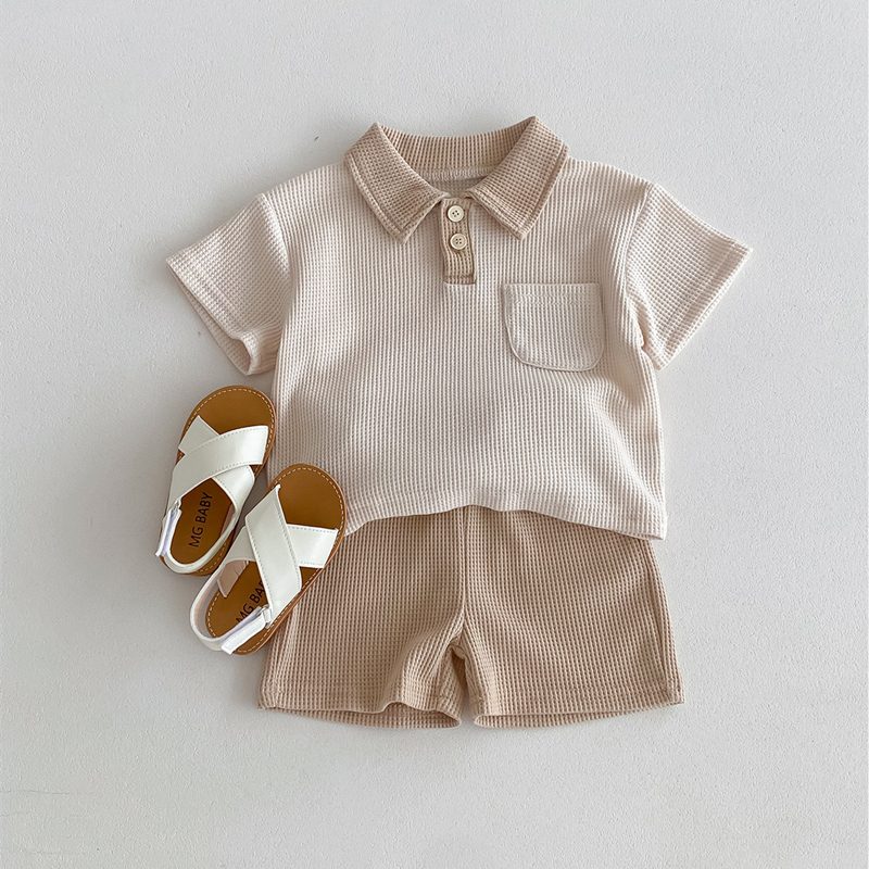 ins 夏新作　ベビー服　ワッフル　カジュアル　2点セット　半袖　Tシャツ　ハーフパンツ　子供服　可愛い