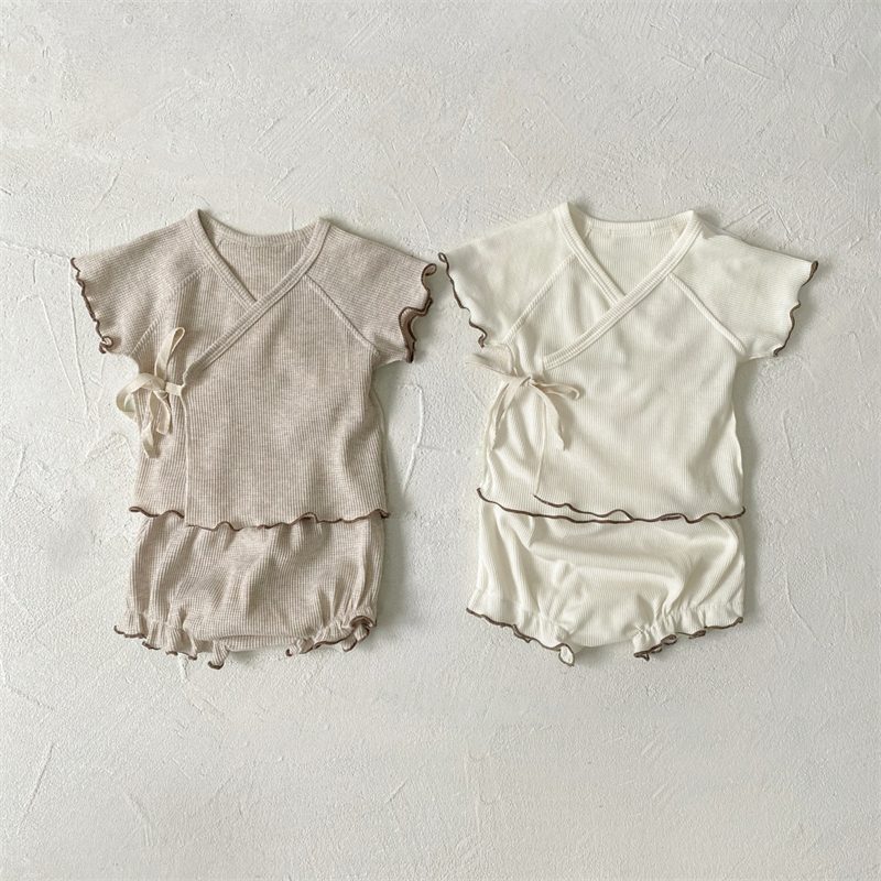 ins 夏新作　ベビー服　ワッフル　フリル　セットアップ　上着　ハイウエストブルマー　子供服　可愛い