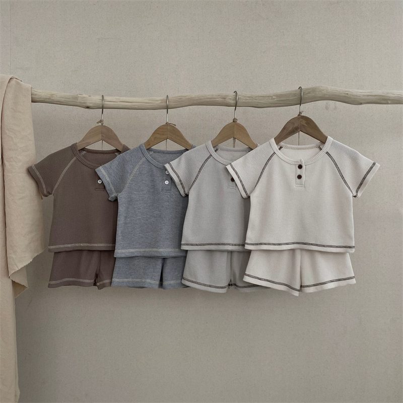 ins 夏新作 赤ちゃん ワッフル セットアップ 半袖 Tシャツ ハーフパンツ 子供服 可愛い 柔らかい