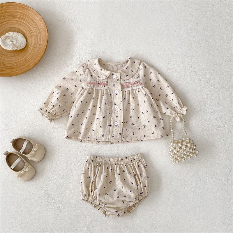 ins 秋新作 ベビー服 女の子 セットアップ 長袖 シャツ ショートパンツ 子供服 花柄 可愛い