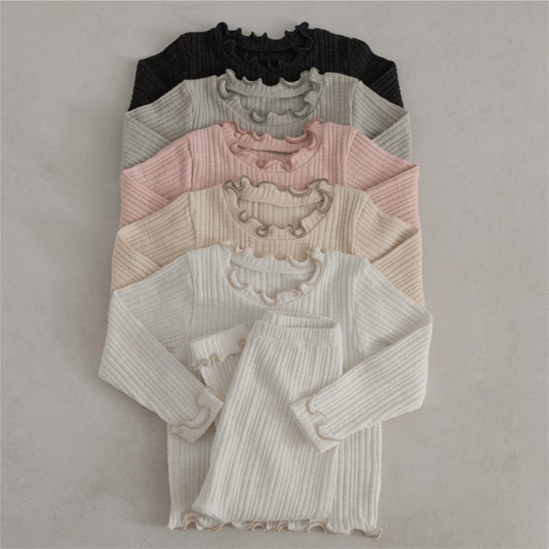 ins 秋新作　ベビー服　リブ　フリル　セットアップ　Tシャツ　レギンス　子供服　可愛い　パジャマ　女児
