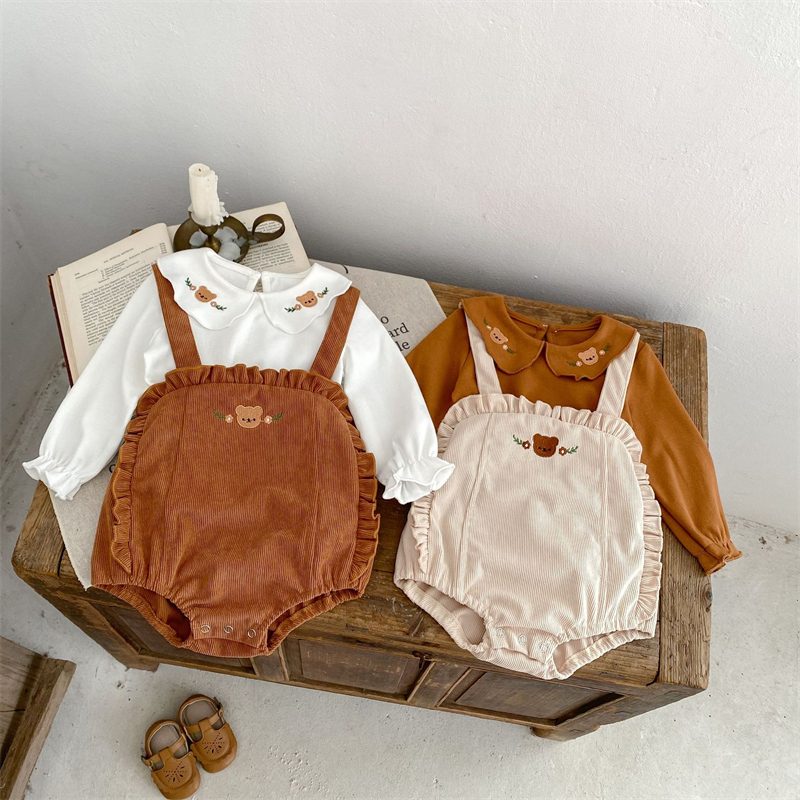ins 秋新作　ベビー服　コーデュロイ　サロペットロンパース　Tシャツ　可愛い　女の子　クマ刺繍　子供服