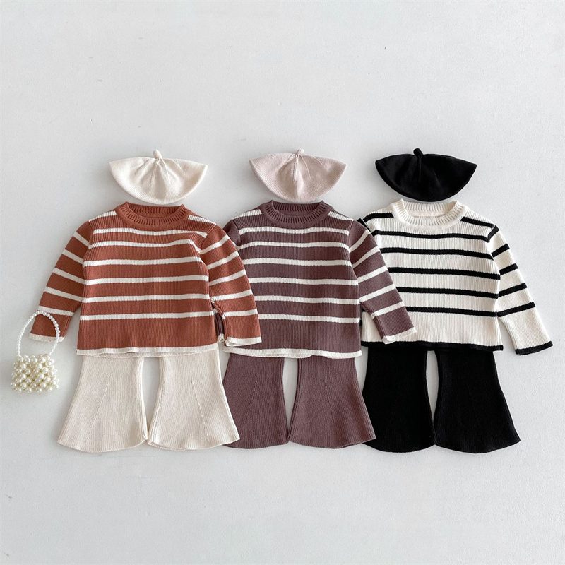 ins 秋新作 子供服 ニット セットアップ ボー柄 セーター パンタロン 可愛い おしゃれ ズボン
