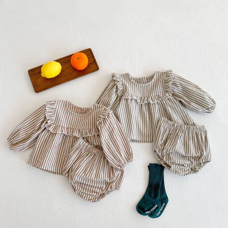 ins 秋新作 ベビー服 女の子 ストライプ柄 セットアップ 長袖 ブラウス ブルマ 子供服 可愛い