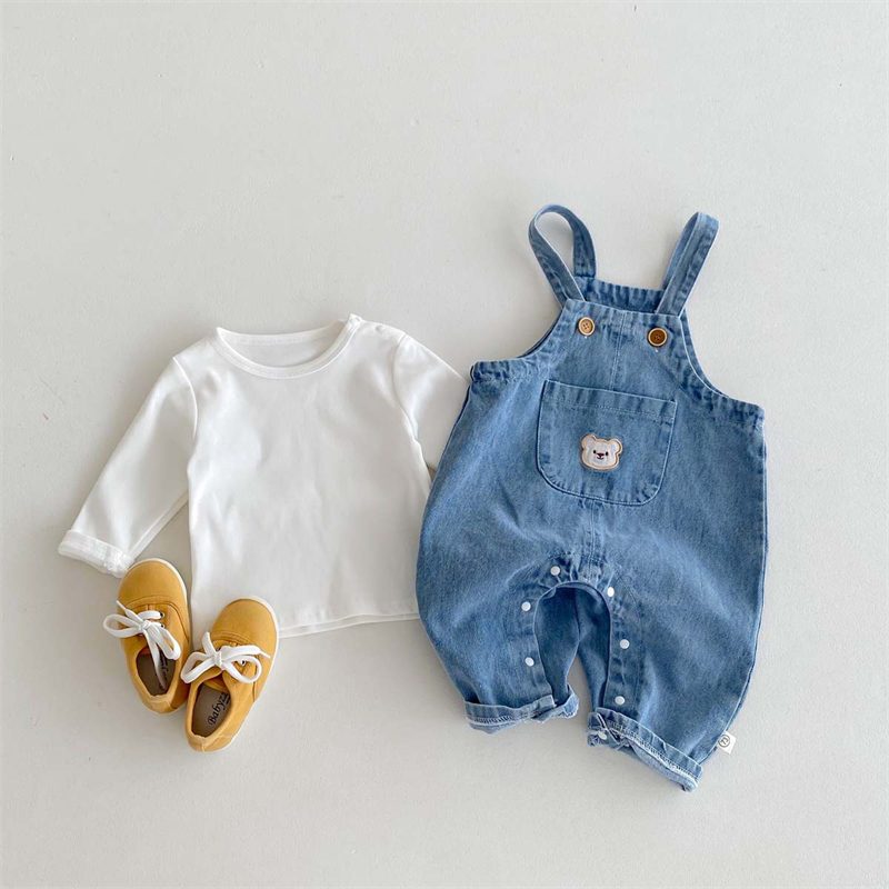 ins 秋新作 子供服 デニム オーバーオール サロペット 長袖Tシャツ セットアップ 新生児 男女兼用