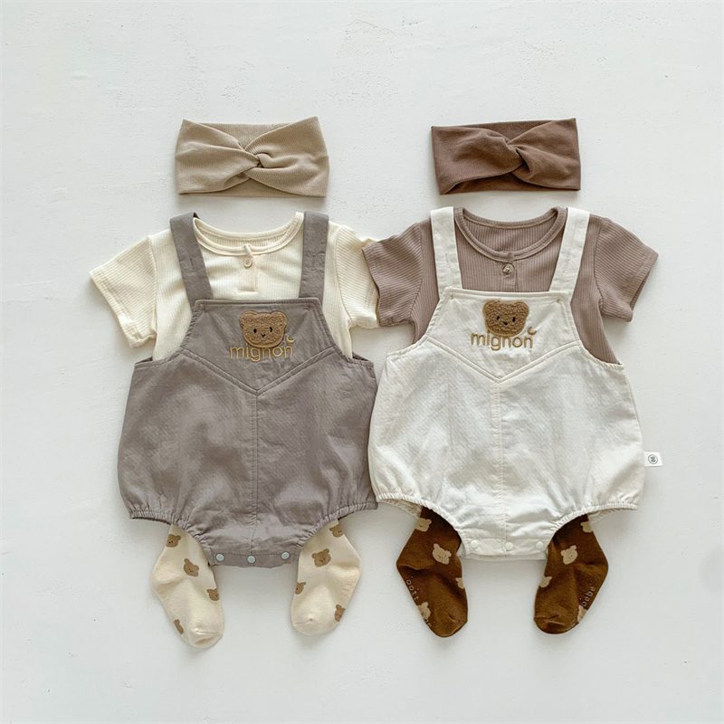 ins 夏新作 ベビー服 セットアップ 半袖シャツ クマ サロペットロンパース 子供服 可愛い