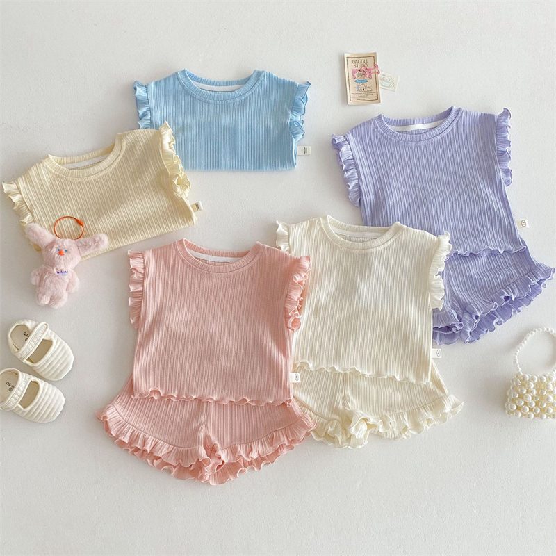 ins 夏新作　ベビー服　フリル　セットアップ　チョッキ　ハーフパンツ　可愛い　子供服　無地　5色