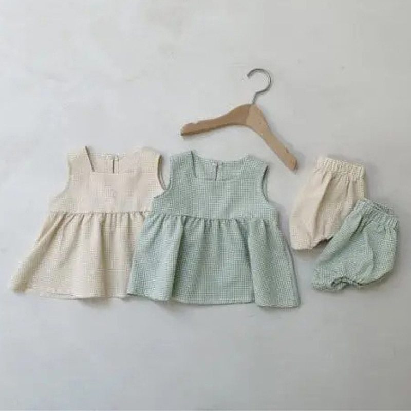 ins 夏新作　子供服　女の子　格子　セットアップ　ワンピース　ブルマー　可愛い　おしゃれ　2色