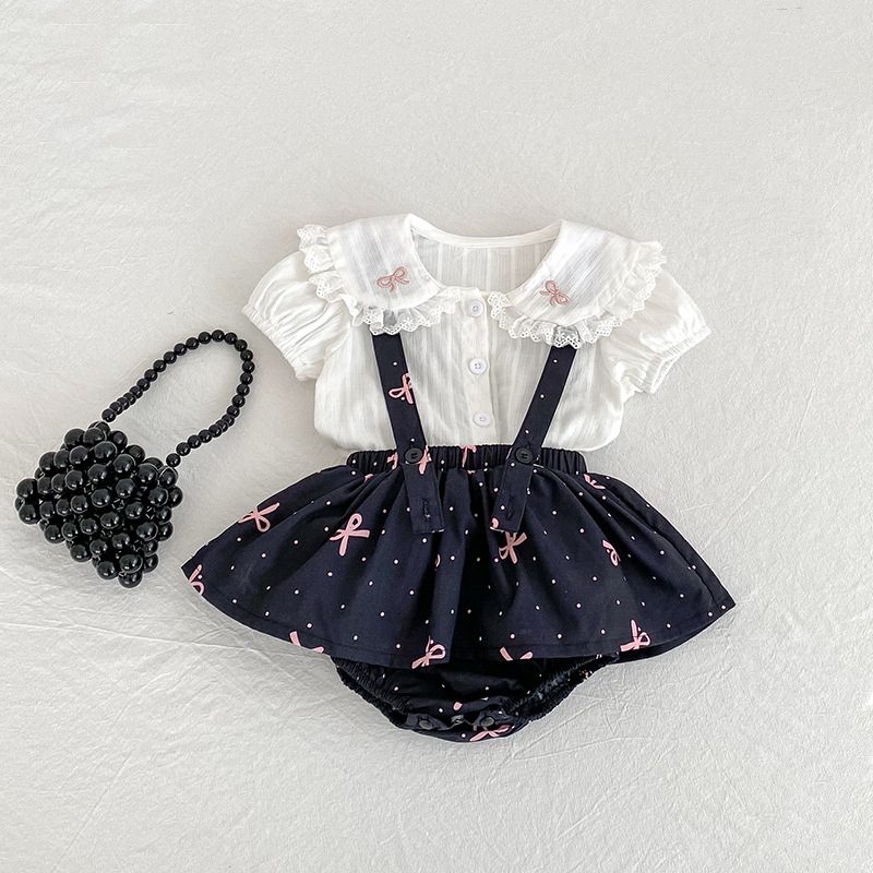 ins 夏新作　ベビー服　女の子　セットアップ　半袖シャツ　サロペットロンパース　可愛い　リボン　子供服
