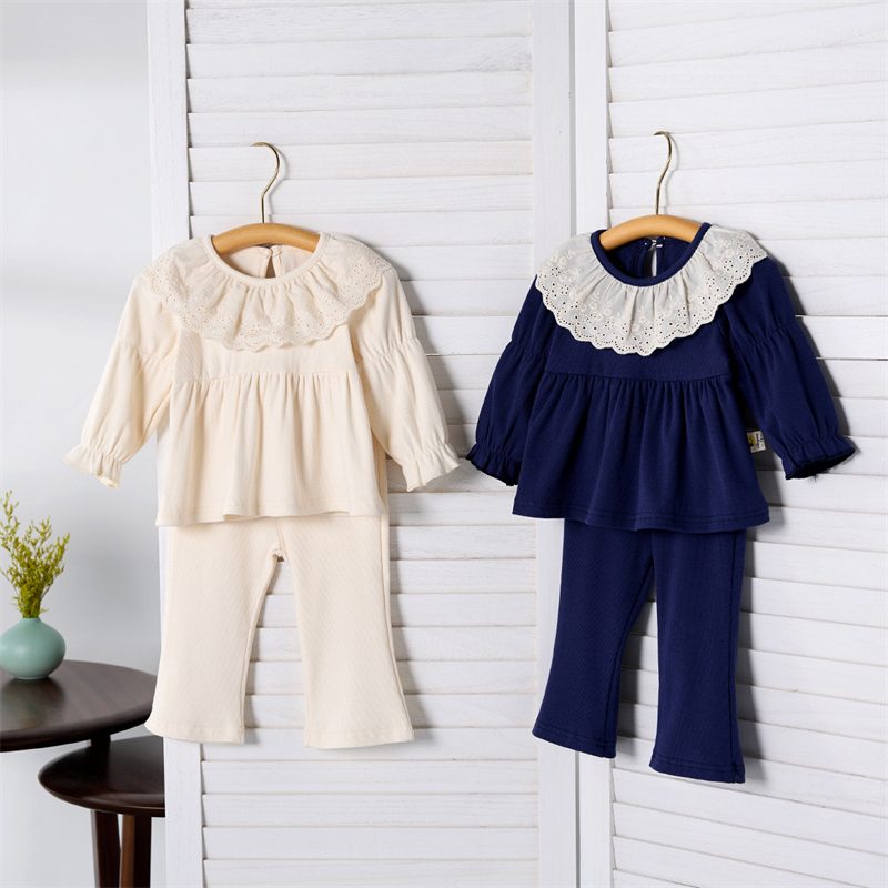 ins 秋新作 ベビー服 女の子 リブ セットアップ レース Tシャツ ロングパンツ 子供服 可愛い 2色