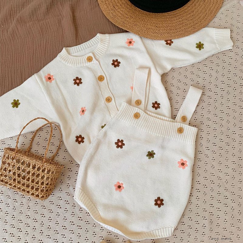 ins　春秋　ベビー服　刺繍　花柄　ニット　セットアップ　カーディガン　ロンパース　可愛い 子供服