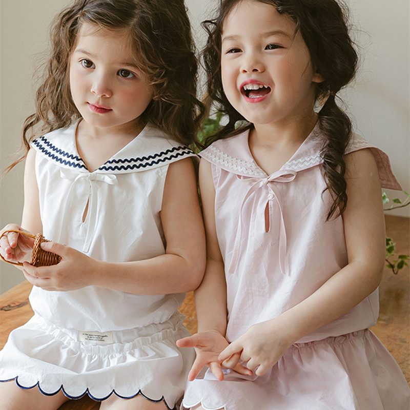 夏新作　女の子　セーラーカラー　セットアップ　ベスト　キュロット　可愛い　ノースリーブ　子供服