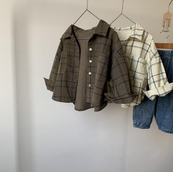 春秋 シャツ 子供服 キッズ服 トップス チェック柄 韓国ファッション コーデュロイシャツ