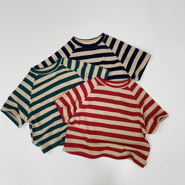 ins 夏新作　子供服　定番　半袖Tシャツ　丸襟　ゆったり　ストライプ　トップス　可愛い　柔らかい
