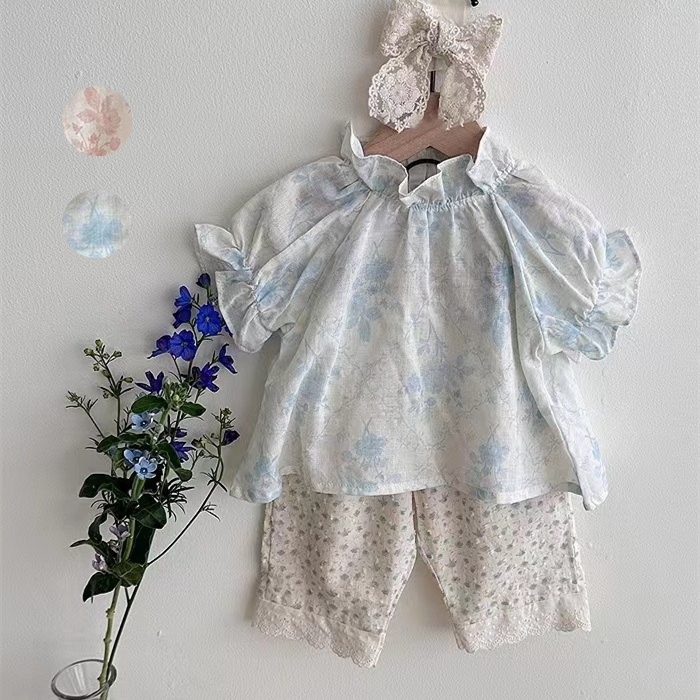 ins 夏新作　ベビー服　女の子　立ち襟　花柄　半袖　ブラウス　トップス　可愛い　おしゃれ　パフスリーブ
