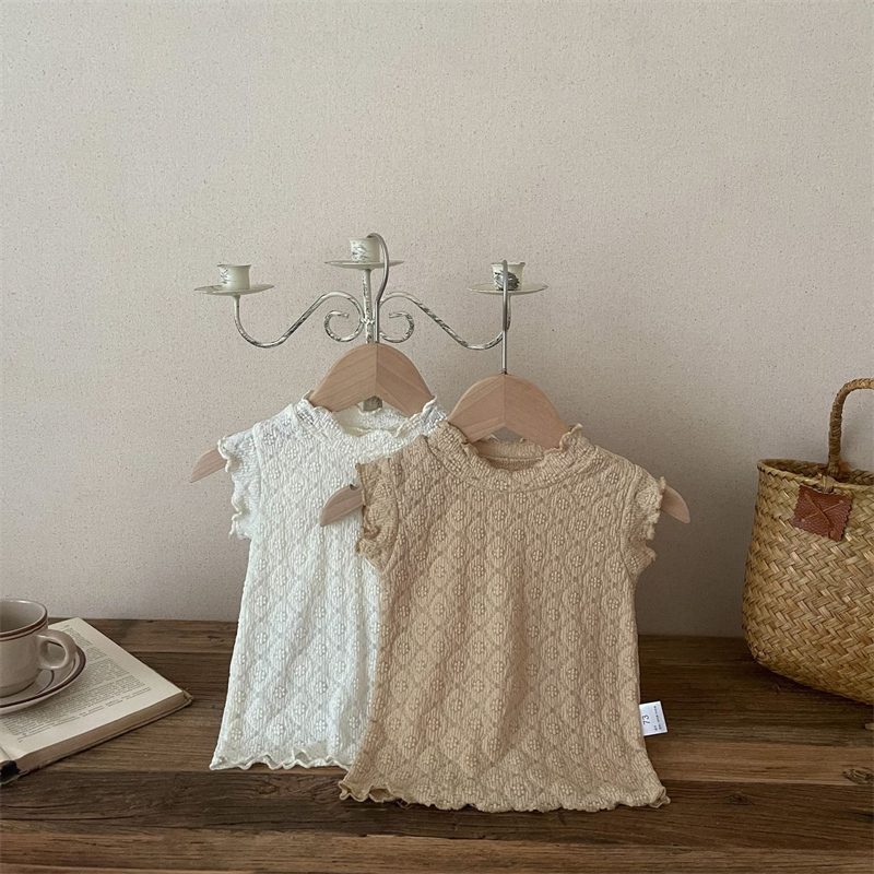 ins 夏新作　ベビー服　レトロ風　Tシャツ　ノースリーブ　可愛い　フリル　おしゃれ　柔らかい　トップス