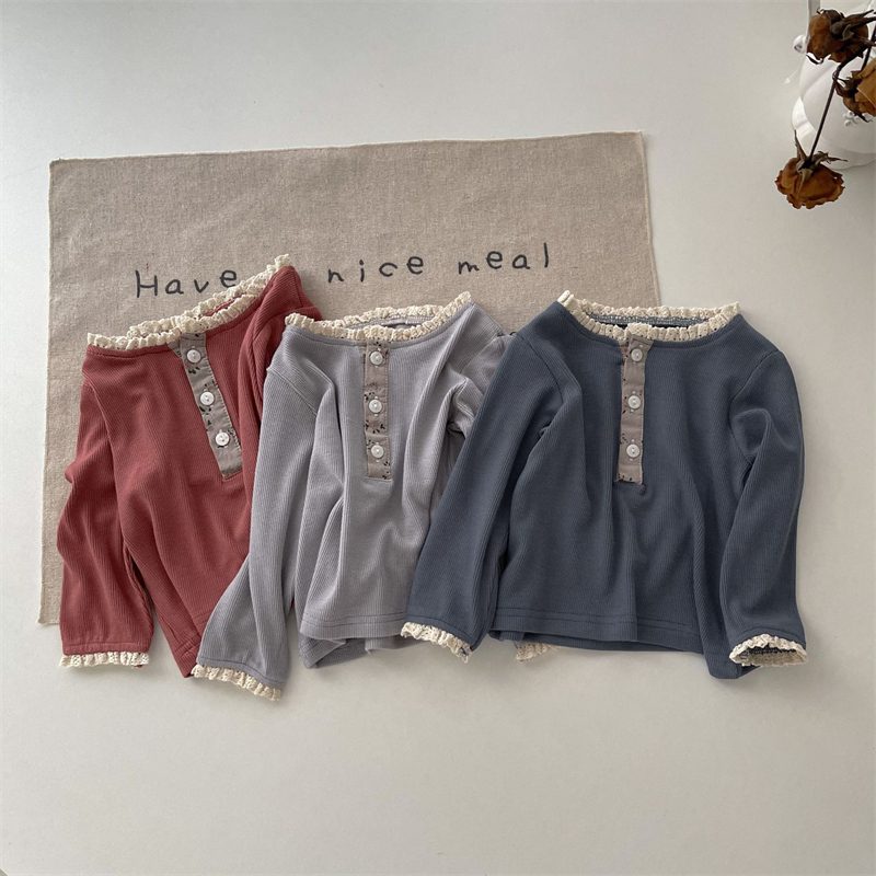 ins 秋新作　ベビー服　クルーネック　レース　長袖Tシャツ　カジュアル　リブ　トップス　インナーシャツ