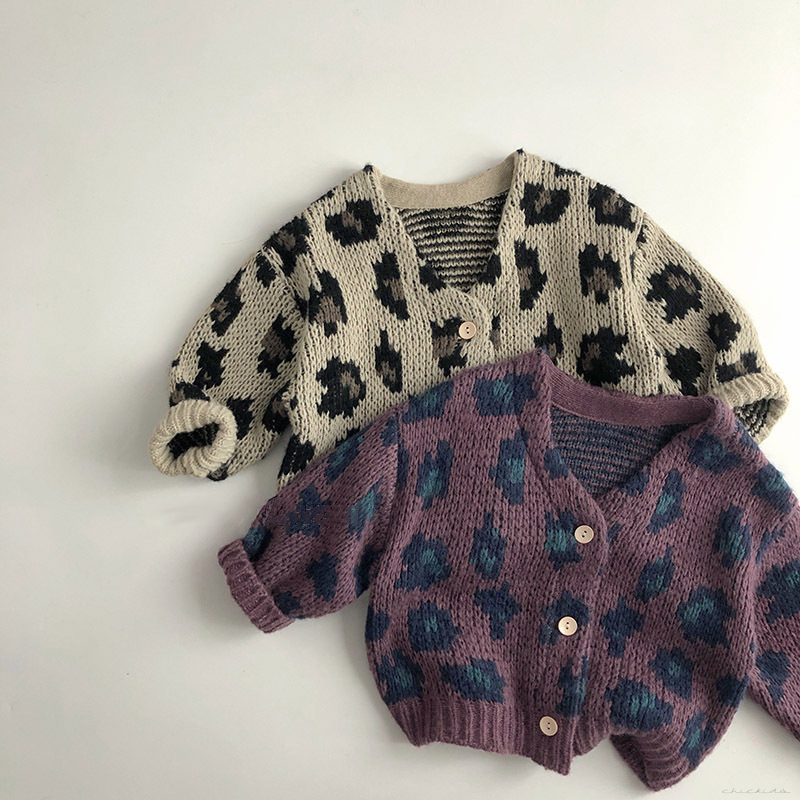 ins 秋新作　子供服　ヒョウ柄　モヘア　カーディガン　ニット　トップス　セーター　アウター　おしゃれ