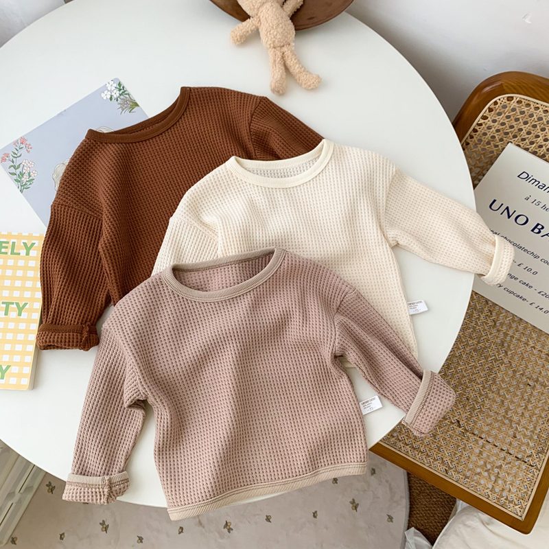 ins 秋新作 ベビー服 クルーネック ワッフル 長袖 Tシャツ カジュアル 無地 トップス 上着