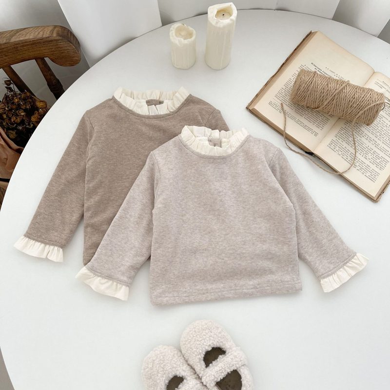 ins 秋冬新作 ベビー服 裏起毛 レース 長袖Tシャツ カジュアル 立ち襟 トップス インナーシャツ