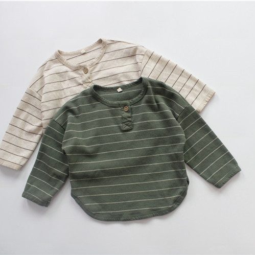 ins 春秋 子供服 ヘンリーネック ワッフル 長袖 Tシャツ カジュアル ストライプ柄 トップス 上着