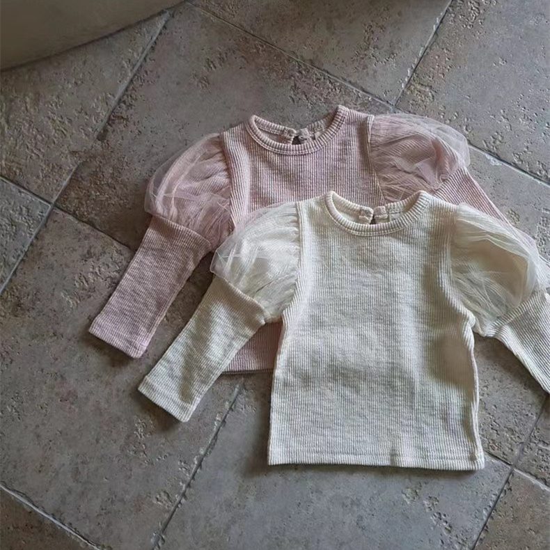 ins 秋新作 ベビー服 チュール パフスリーブ Tシャツ 女児 リブ トップス 子供服 インナーシャツ