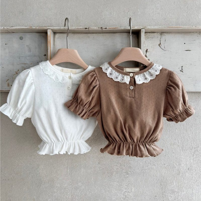 ins 夏新作　ベビー服　ジャカード　半袖　パフスリーブ　Tシャツ　カジュアル　トップス　可愛い　子供服