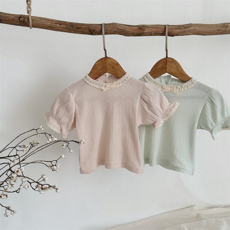 ins 夏新作 ベビー服 レース襟 半袖 パフスリーブ Tシャツ カジュアル トップス 可愛い 子供服