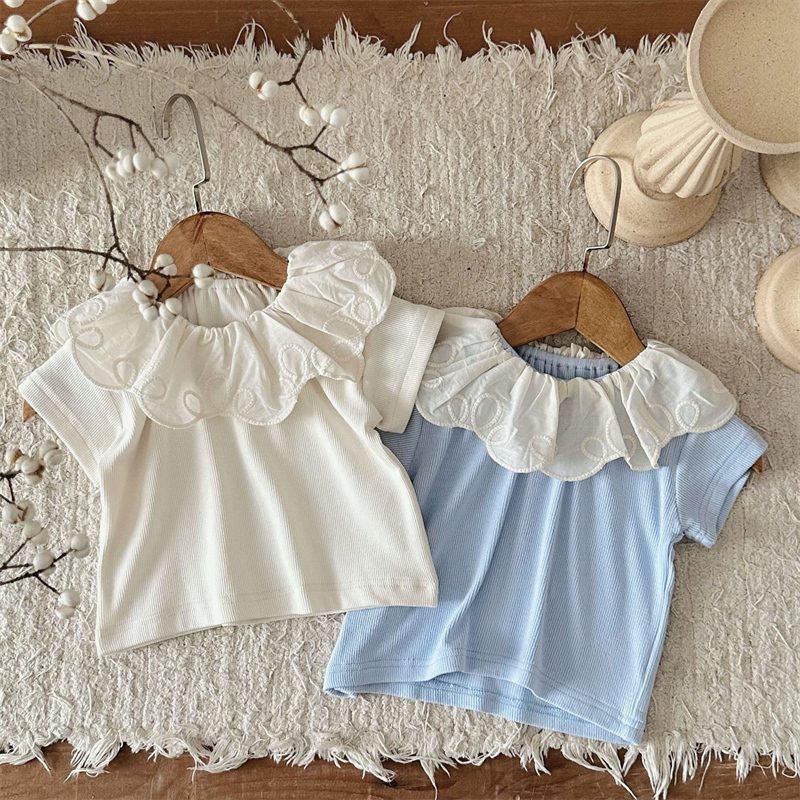 ins 夏新作 ベビー服 レース ラッフル襟 半袖 Tシャツ カジュアル トップス 可愛い 女児 子供服