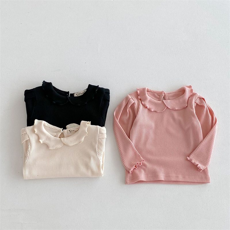 ins 秋新作　子供服　フリル　リブ　長袖　Tシャツ　無地　女の子　トップス　インナーシャツ　おしゃれ