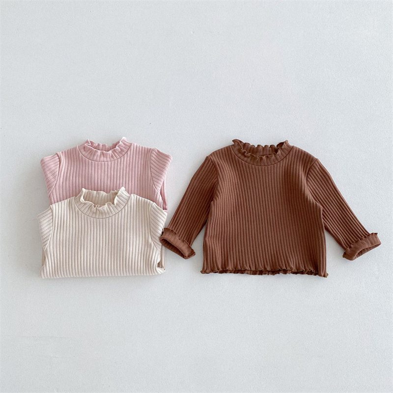 ins 秋新作　子供服　フリル　リブ　長袖　Tシャツ　無地　女の子　トップス　インナーシャツ　おしゃれ