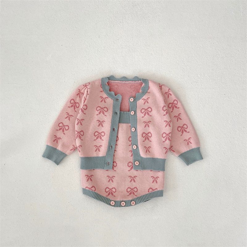 ins 秋新作 ベビー服 長袖 カーディガン ニット トップス セーター 可愛い ジャカード ロンパース