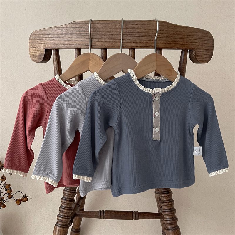 ins 秋新作 ベビー服 リブ レース 立ち襟 Tシャツ 長袖 カジュアル トップス 可愛い おしゃれ