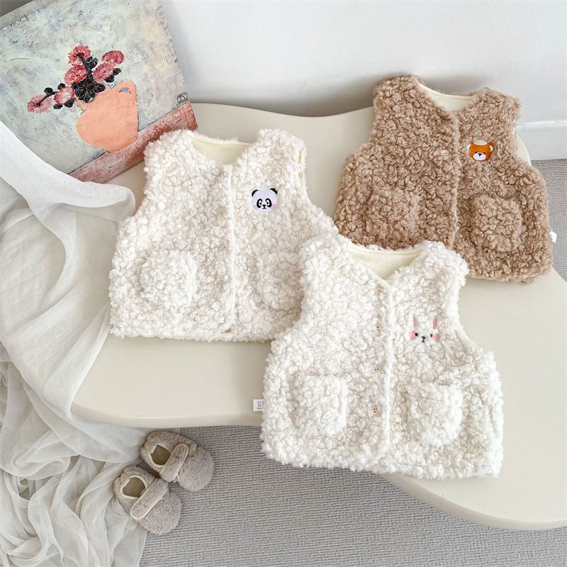 ins 秋冬新作　子供服　刺繍　裏起毛　ボアベスト　キッズ　チョッキ　カジュアル　トップス　男女兼用