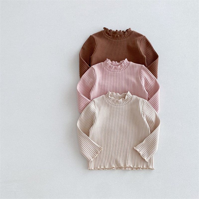 ins 秋新作　子供服　女の子　リブ　首元フリル　Tシャツ　カジュアル　トップス　可愛い　カットソー