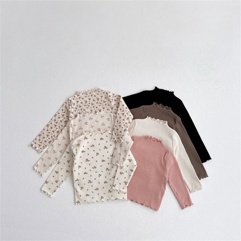 ins 秋新作　子供服　女の子　花柄　首元フリル　Tシャツ　カジュアル　トップス　可愛い　カットソー　7色