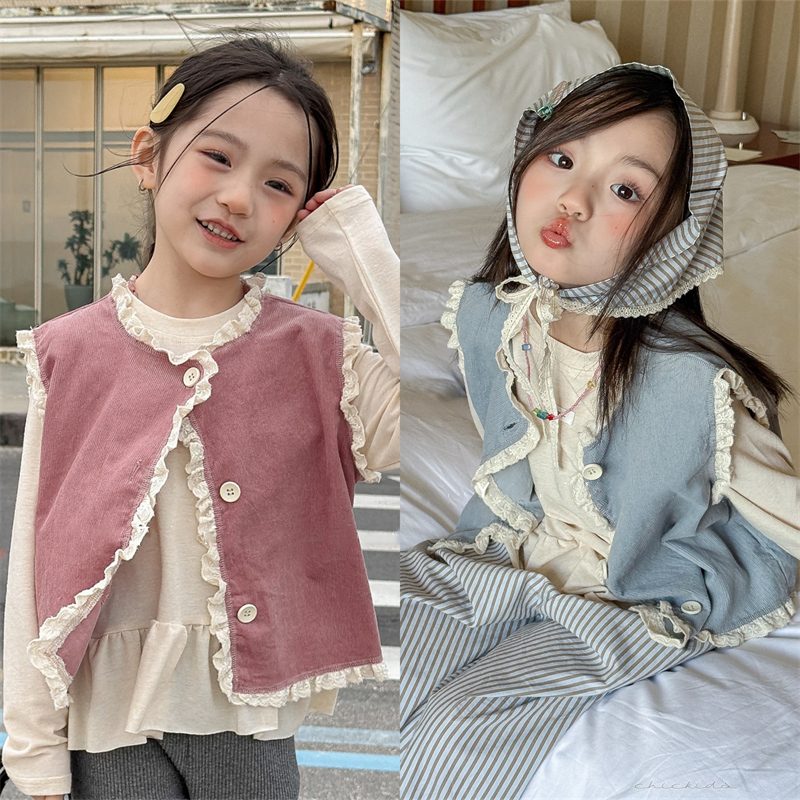ins 秋新作　子供服　女の子　ベスト　キッズ　レースドッキング　チョッキ　カジュアル　トップス　ジレ