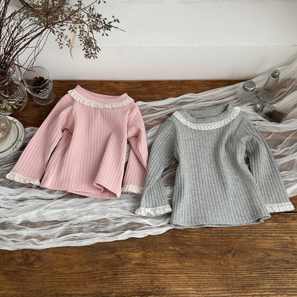 秋新作　女の子　レースドッキング　長袖　Tシャツ　リブ　トップス　柔らか　可愛い　春秋用　子供服