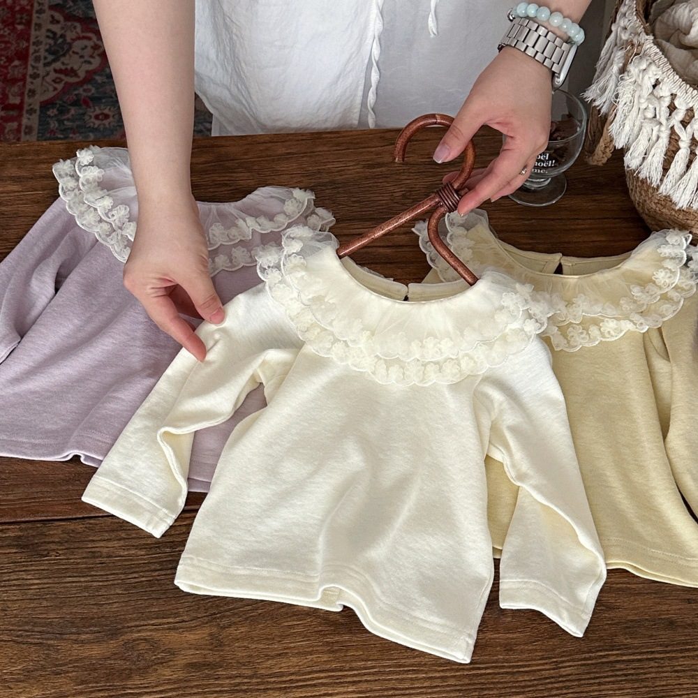秋新作　女の子　レース　ラッフルカラー　長袖　Tシャツ　春秋用　トップス　可愛い　子供服　3色