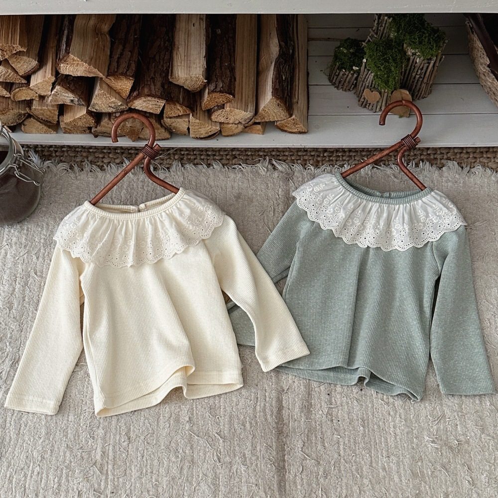 秋新作　女の子　レース　大きな襟　長袖　リブ　Tシャツ　トップス　柔らか　可愛い　春秋用　子供服