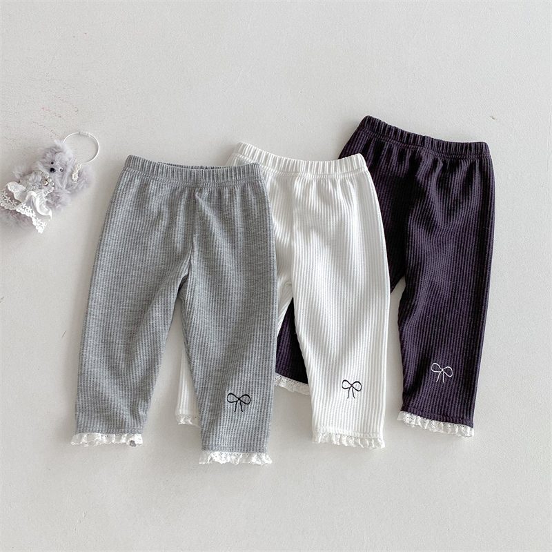 ins 秋新作 子供服 刺繍 リボン柄 レギンス 可愛い 柔らか タイツ ニット ロングパンツ ズボン