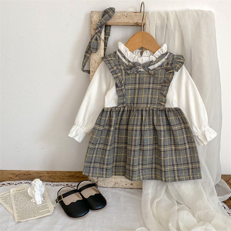 ins 秋新作 ベビー服 女の子 フェイクレイヤード ワンピース チェック柄 可愛い ヘアバンド付き