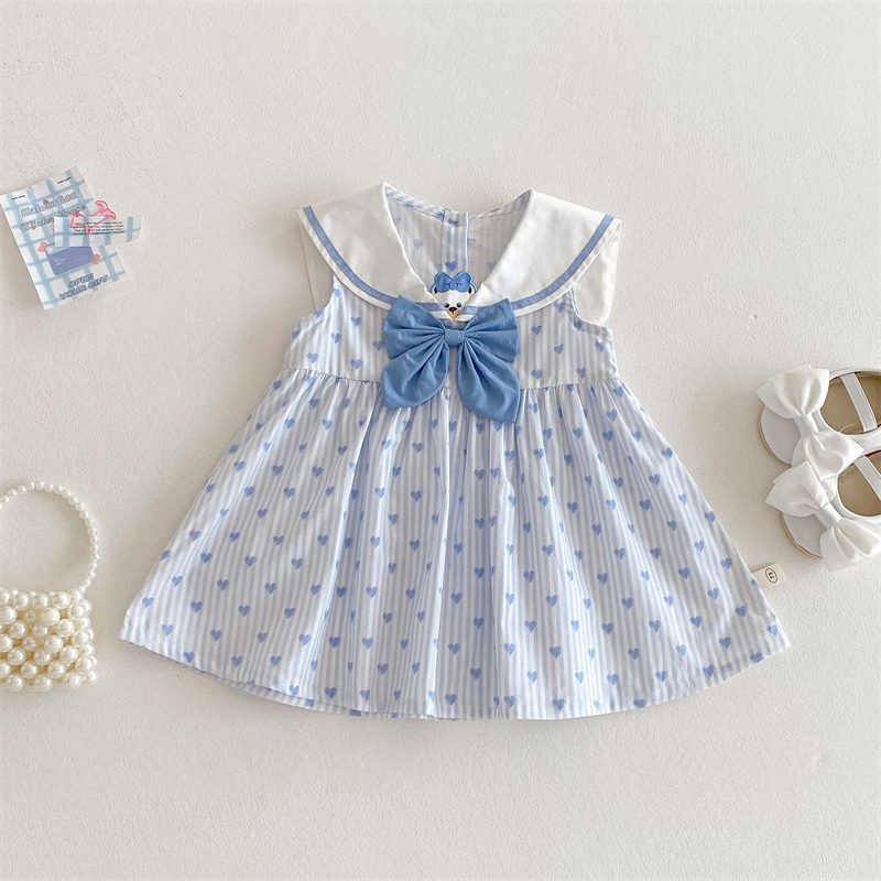 ins 夏新作　女の子　セーラーカラー　ノースリーブ　ワンピース　子供服　可愛い　おしゃれ　セーラー服
