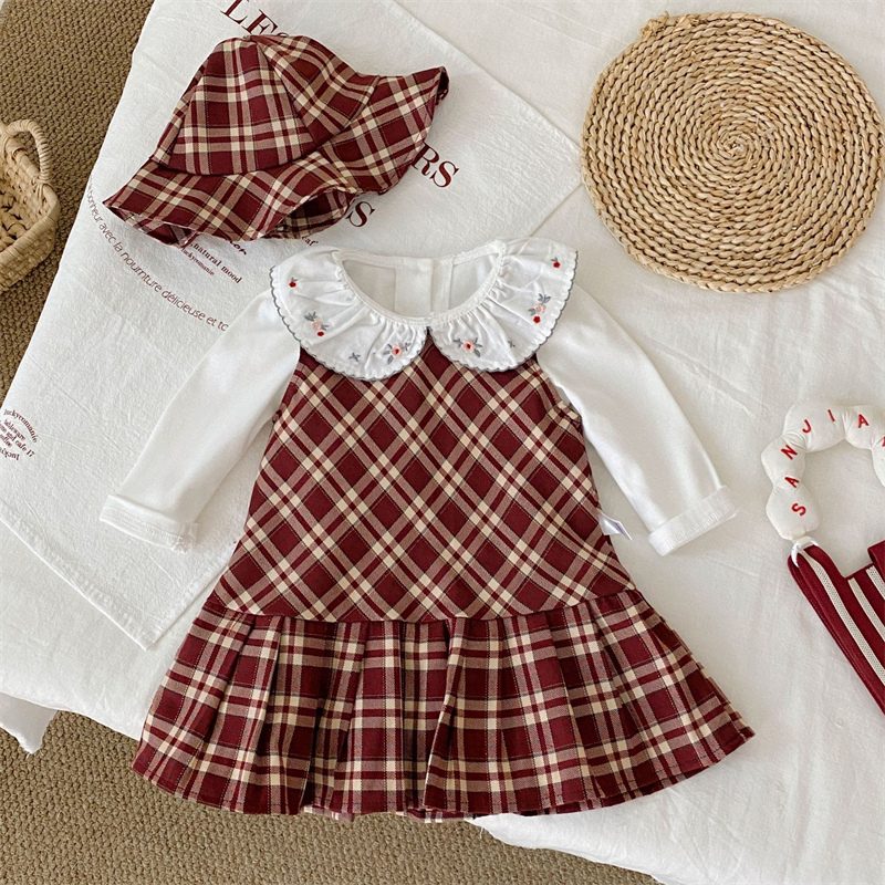 ins 秋新作　女の子　チェック柄　ノースリーブ　ワンピース　可愛い　おしゃれ　子供服　帽子付き　格子