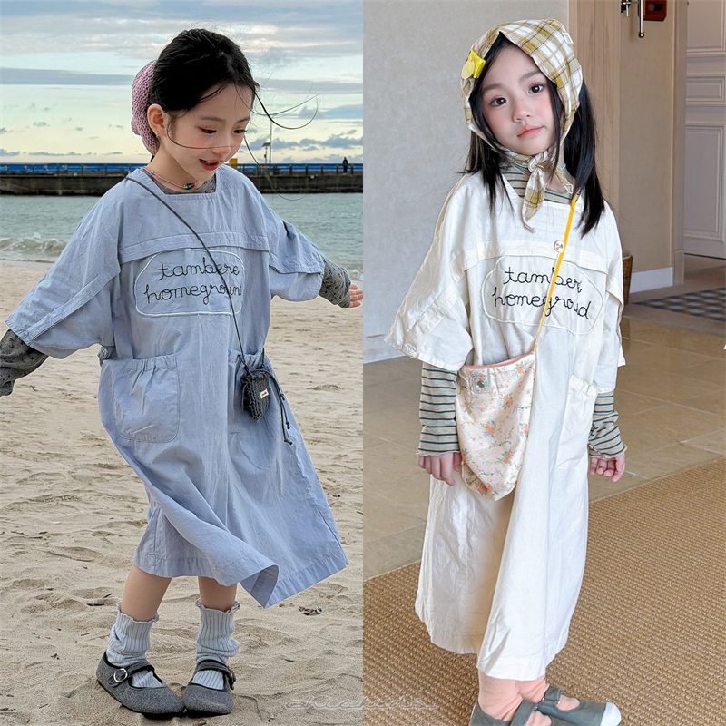 ins 秋新作　女の子　7分袖　英字　刺繍　ワンピース　可愛い　おしゃれ　子供服　重ね着　ドレス　2色