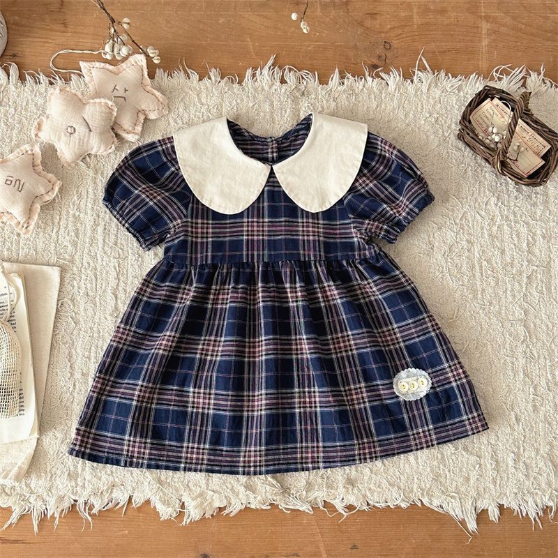 夏新作 女の子 ピーターパンカラー 半袖 チェック柄 ワンピース 子供服 可愛い おしゃれ