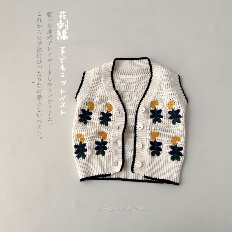 ins 秋新作　レトロ風　花刺繍　ニットベスト　子供服　森ガール　ニット　カジュアル　トップス　おしゃれ